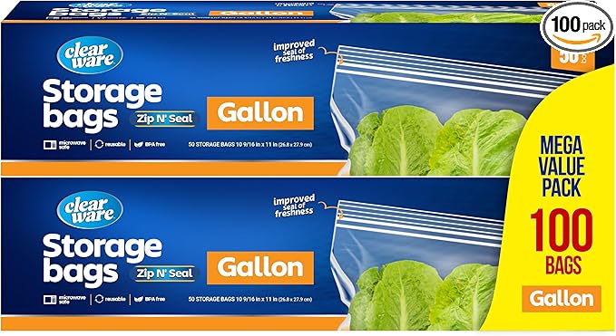 Gallon Storage Bags, Double Zipper Seal - 100 Count, Reusable Thick Food Plastic Storage Bags - Microwave-Safe, Zero BPA - Resealable Containers for Lunch, Snacks, Meals - 2 Boxes
