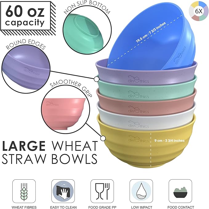 60-OZ 6 Large Wheat Straw Bowls - Large Salad, Fruit & Dinner Bowls - Dishwasher & Microwave Safe - Coral, Classic Style