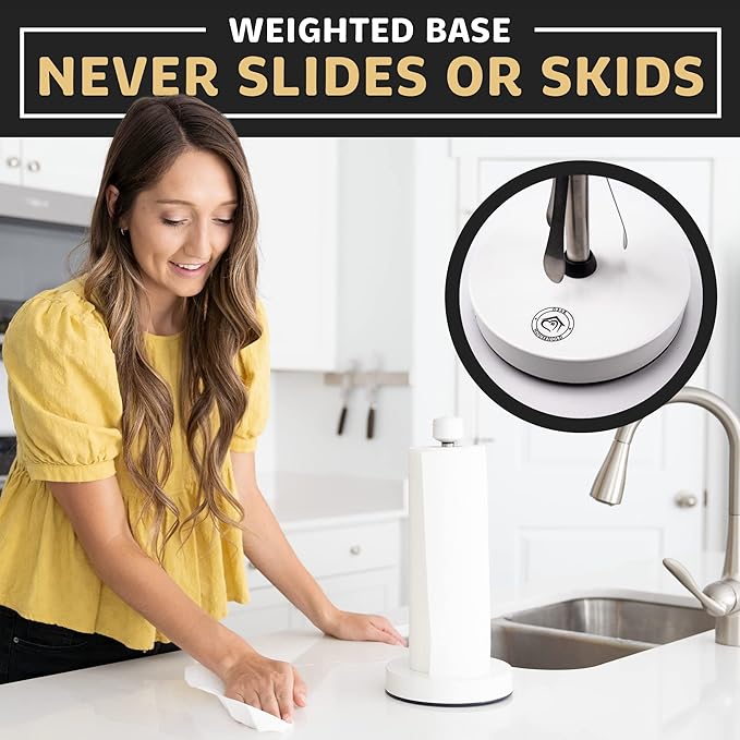 Dear Household Stainless Steel Paper Towel Holder Easy One-Handed Operation - This Sturdy Weighted Paper Towel Dispenser Countertop Model Has Suction Cups and Holds All Paper Towel Rolls - White