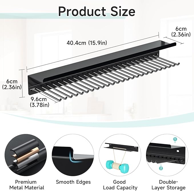 Can Cooler Sleeves Holder, Black Beer Sleeves Dispenser with 25 Hooks, Adhesive Can Cooler organizer with Storage Shelf Bottle Sleeves Beer Opener Holder, for Home Family Bar, Metal