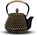 Cast Iron Tea Pot - Honeycomb Pattern Tea Kettle with Tea Leaf Infuser,Stovetop Tea Kettle Coated with Enameled Interior,Suitable for Brewing Loose Leaf Tea (Gold)