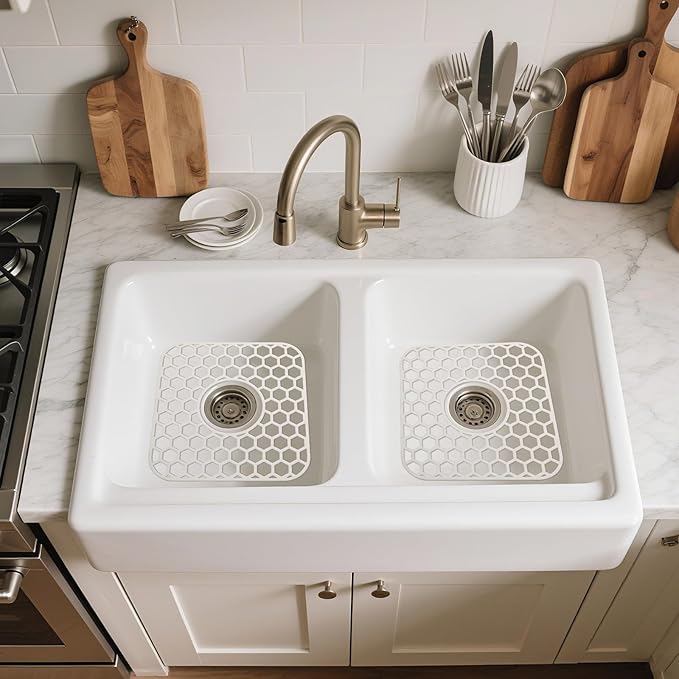 2 Pack Silicone Sink Protectors for Kitchen Sink - 12" x 11" Kitchen Sink Grid Accessory, Non-Slip Heat-Resistant Mat for Bottom of Porcelain Stainless Steel, Dishwasher Safe (White)