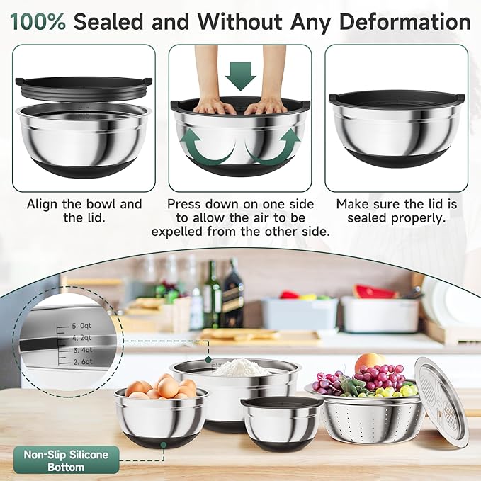 Mixing Bowls with Airtight Lids, Stainless Steel Nesting Bowl Set (1.4/2.8/5QT) with Colander, Grater, Measuring Spoons, Spatula & Oil Brush – Non-Slip Bottom Kitchenware Set (Black)