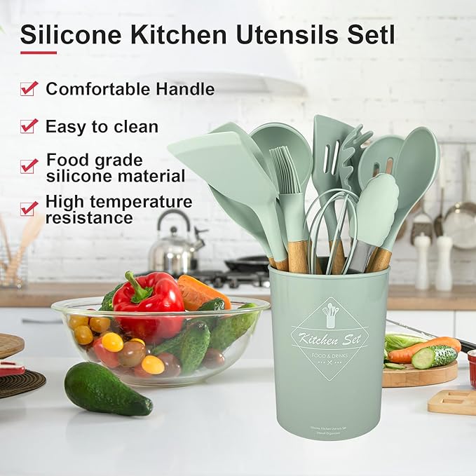 Silicone Cooking Utensils Kitchen Utensil Set - 446°F Heat Resistant Silicone Kitchen Utensils Set, Spatula,Turner Tongs, Spoon, Brush, Whisk,Kitchen Gadgets for Nonstick Cookware, BPA Free (Green)