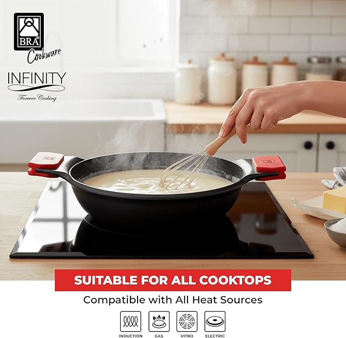 BRA COOKWARE Infinity Dual-Handled Sauté Pan w/Glass Lid | 11-Inch 2.95-Quart Shallow Stock Pot | Nonstick Cast Aluminum Everyday Chef Pan | PFAS Free Rondeau Pot | All Cooktops incl. Induction