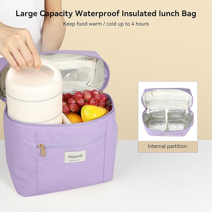 Voova Stackable Stainless Steel Thermal Lunch Box with Lunch Bag and Cultery Set for Adult Women Men, 3 Tier Leakproof & Microwave Safe Insulated Bento Boxes Food Container for Work, Purple