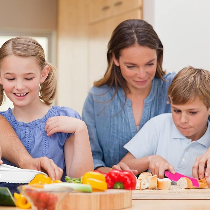 7 Pieces Wooden Kids Kitchen Knife Include Wood Kids Knife Plastic Potato Slicers Cooking Knives Serrated Edges Toddler Plastic Resistant Gloves for Kitchen Children