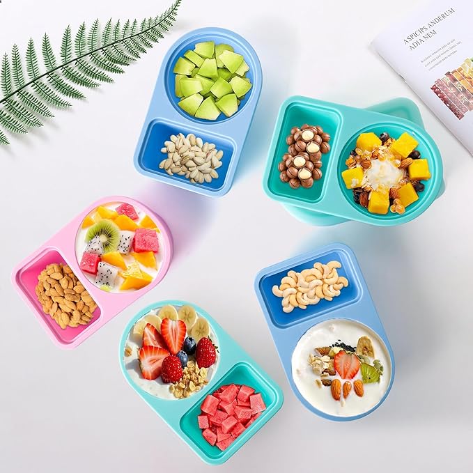 3 Pack Reusable Silicone Snack Containers with Lids, 8.5 OZ Double Compartment Snackle Box for Kids, Leakproof Small Snack Packs Container for Salad Dressing, School, Office, Travel, Picnic