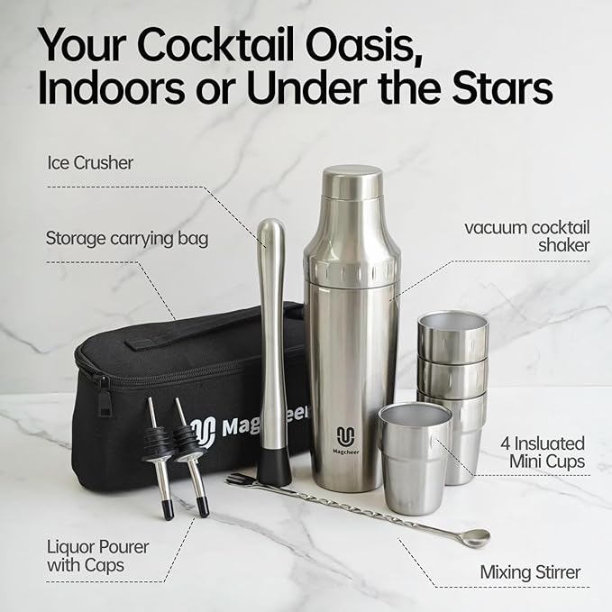 Hybrid Cocktail Shaker Set with Stackable Cups | Vacuum Insulated Stainless Steel Martini Shaker & Bartender Tools | Travel-Ready Kit | 30oz | Silver