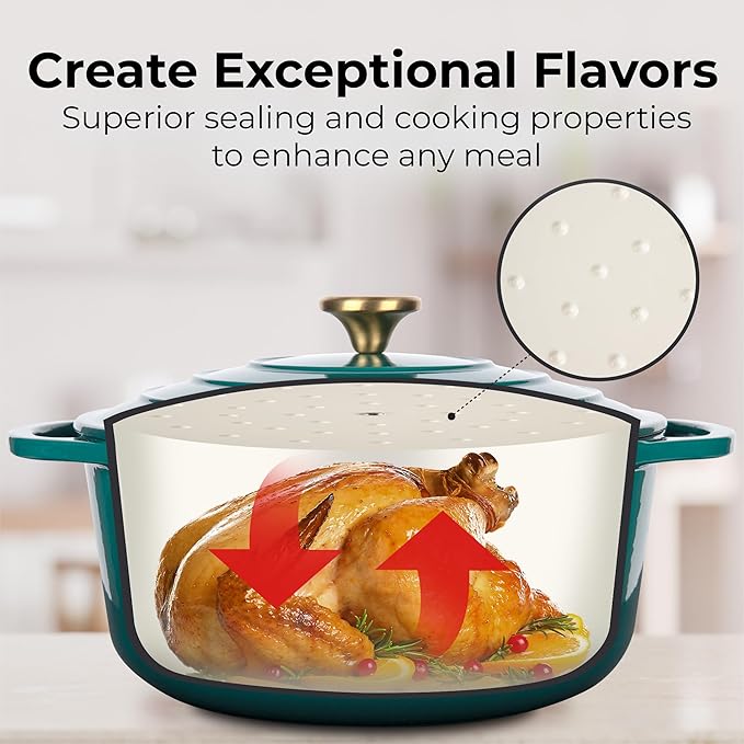 Zulay Kitchen 6 Quart Enameled Cast Iron Dutch Oven Pot with Lid – Premium Durability & Oven Safe up to 500°F – Heavy Duty Cookware Perfect for Bread Baking, Stews, Braising & Roasting – Emerald