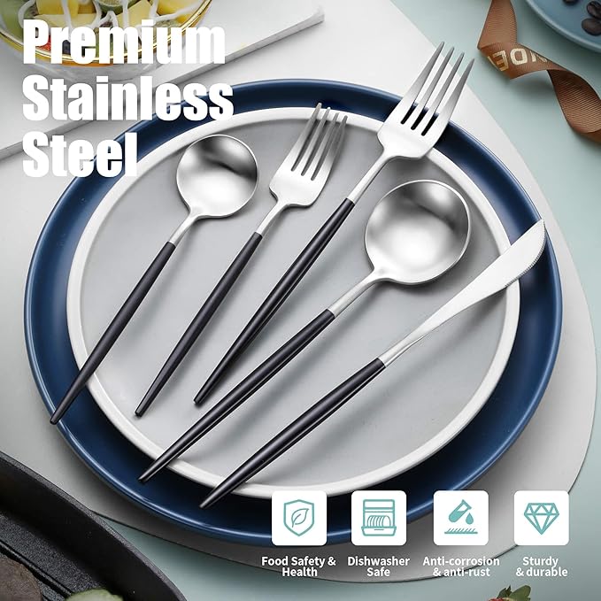 Lemeya Matte Black Silver Silverware Set for 6,Modern Stainless Steel Brushed Cutlery Set,30-Pieces Heavy Duty Flatware Set,Knives Spoons and Forks Set Utensils Set, Satin Finish, Dishwasher Safe