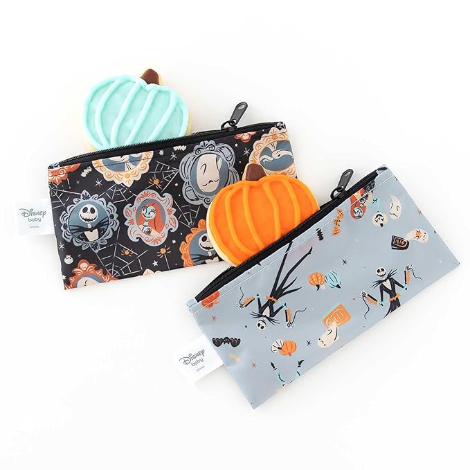 Bumkins Disney Reusable Snack Bags, for Kids School Lunch and for Adults Portion, Washable Fabric, Waterproof Cloth Zip Bag, Supplies Travel Pouch, Food-Safe Storage, 2-pk Nightmare Before Christmas