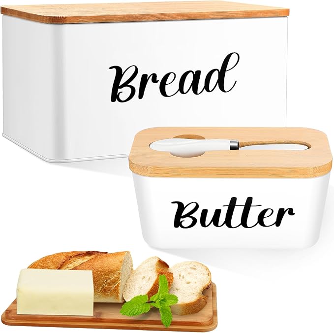 Hushee Metal Bread Box and Butter Dish with Bamboo Cutting Board Lid and Knife Bread Storage Container Breadbox for Kitchen Counter Butter Organizer for Kitchen Countertop Decoration(White)