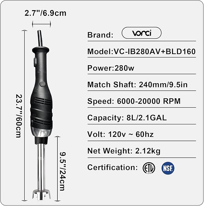 VONCI 280W Commercial Immersion Blender, Light Duty Hand Blender with Variable Speed 6000-20000RPM, Handheld Stick Mixer with 9.5" Detachable Shaft, Professional Blender for Restaurant Kitchen.