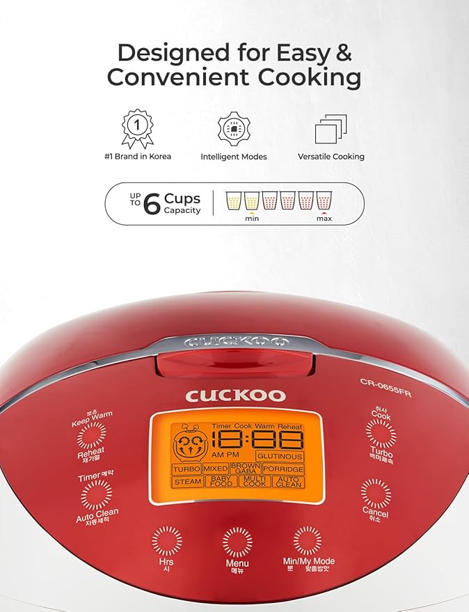 CUCKOO Micom Rice Cooker 6 Cup Uncooked / 12 Cup Cooked, Fuzzy Logic Rice Maker with Delay Timer & Keep Warm Setting, Versatile Food Steamer for Cooking, Non-Stick Inner Pot, Red (CR-0655F)