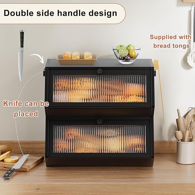 WOWLIVE Double Layer Bread Box for Kitchen Countertop, Large Bamboo Bread Storage Container for Homemade Bread, Farmhouse Bread Holder for Kitchen Counter Cabinet, Pantry, (Black, Extra Large)