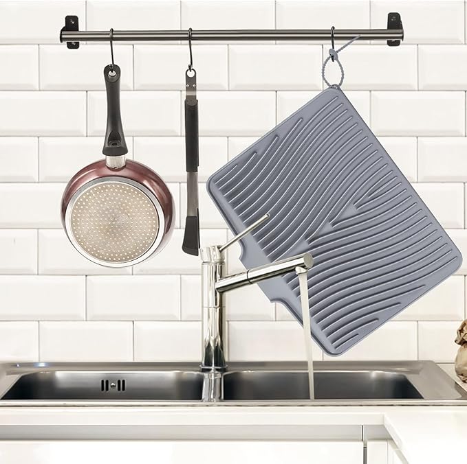 Silicone Dish Drying Mat, Stone Drying Mat for Kitchen Counter with Built-In Drain, Non-Slip Drain Pad with Built-in Drain, Heat Resistant Stone Drying Mat, 1Pcs 19.7" x 17", Grey