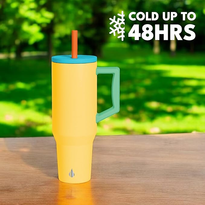 Elemental 40 oz Tumbler with Handle and Straw - Spill Proof Insulated Stainless Steel Commuter for Hot and Cold Beverages - Travel Coffee Mug with 2 Straws & Spill Proof Lid - 40oz - Lemon Zest