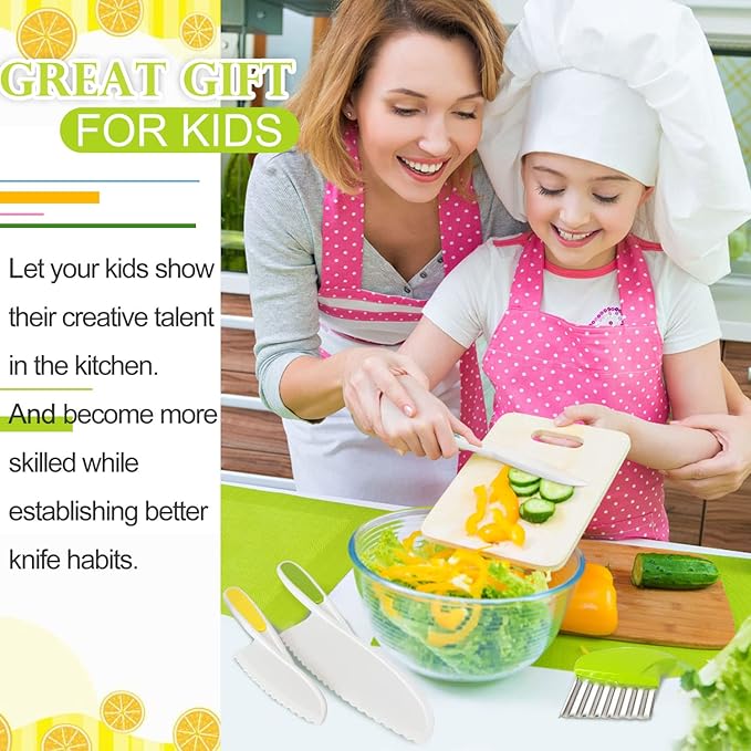4 Pcs Kids Knife Set, Kids Kitchen Knife with Crinkle Cutter, Serrated Edges Plastic Toddler Chef Knife for Real Cooking & Cutting Fruit Bread