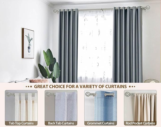 KAMANINA 1 Inch Double Curtain Rods 66 to 120 Inches (5.5-10 Feet) Telescoping Heavy Duty Drapery Rod for Windows 54 to 115 with Twisted Cage Finials, Antique Silver