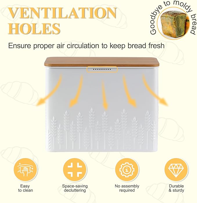 Extra Large Bread Box for Kitchen Countertop Corner Breadbox for Homemade Bread Metal White Ear of Wheat Pattern Embossed Storage Container Bin with Bamboo Lid Fits 2 Loaves of Bread