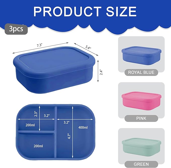 Silicone Adult Bento Box, 3 Compartment Leakproof Silicone Lunch Container, Lunch Box for Men and Women, BPA-Free, Microwave/Dishwasher/Freezer Safe, Reusable Snack Containers (3PCS-Mixed Color)