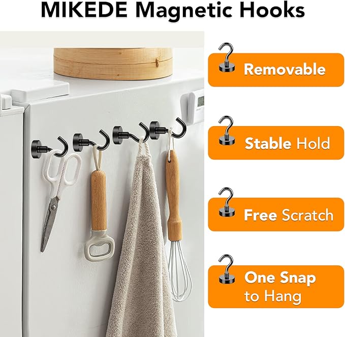 MIKEDE Black Magnetic Hooks Heavy Duty, 30Lbs+ Strong Neodymium Magnets with Metal for Refrigerator,Super Cruise Hanging, Kitchen, Storage - Pack of 130