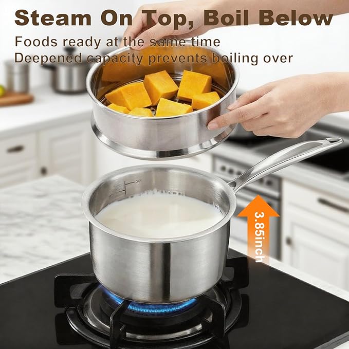 MOUTIUS 1QT+2QT+3.5QT With Steamer Handle Triple Stainless Steel Saucepan with Lid, Ramen Pot with Clear Glass Cover, Small Sauce Pan for Cooking Oatmeal, Dishwasher-Safe, Suitable for All Stoves