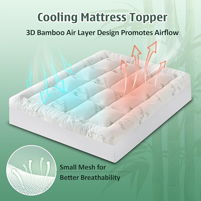 DOWNCOOL 3 Inch Memory Foam Mattress Topper Full – Cooling Pillow Top Mattress Topper for Back Pain Relief, with Bamboo Viscose Air Layer, 1700 GSM Fill, Deep Pocket Fits 8–21 Inch