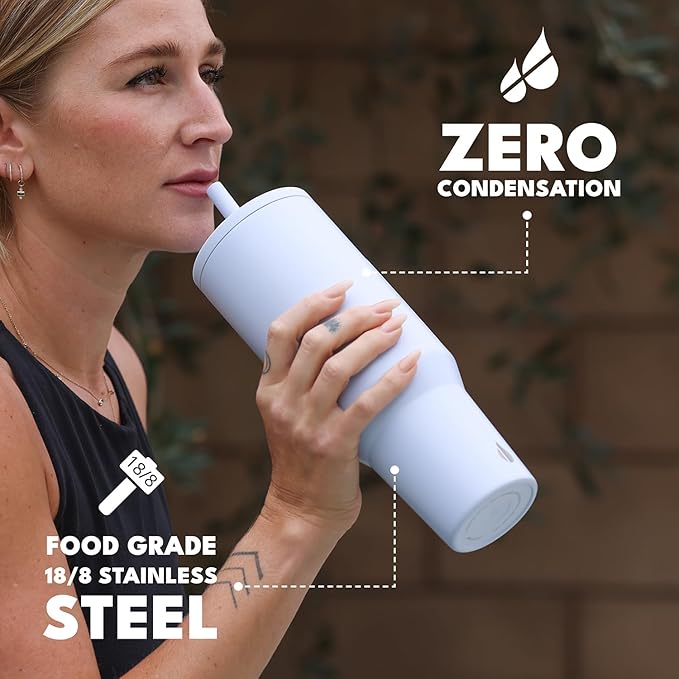 Elemental 40 oz Tumbler with Handle and Straw - Spill Proof Insulated Stainless Steel Commuter for Hot and Cold Beverages - Travel Coffee Mug with 2 Straws & Spill Proof Lid - 40oz - Ice Blue