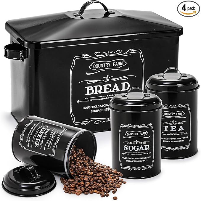 yarlung Metal Bread Box with 3 Kitchen Canisters Set, Large Black Farmhouse Bread Tin for Kitchen Countertop, Coffee Tea Sugar Canister with Airtight Lid for Pantry Organizer Home Storage