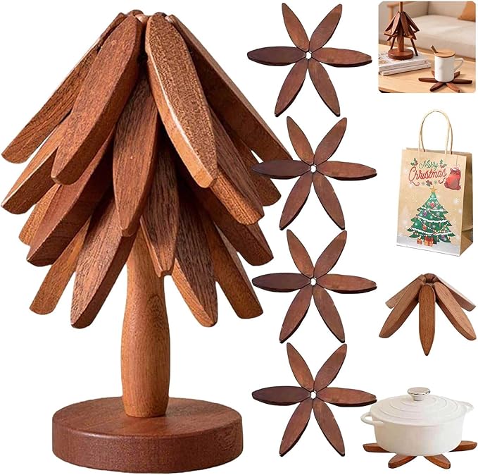 Natural Tree Trivet Set 4 Wooden Trivets and 1 Stand Like a Christmas Tree Wooden Hot Pads Heat Resistant Trivets for Kitchen Table Decor (Walnut-4 Piece)