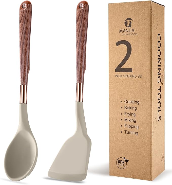 MANJIA Silicone Spatulas Set, Nonstick Silicone Spoon & Turner Spatula Set, Serving Spoon kitchen Spatula for Cooking Fish, Eggs,Flipper, Cooking Utensils Set 2pcs (khaki-solid spoon & spatula)