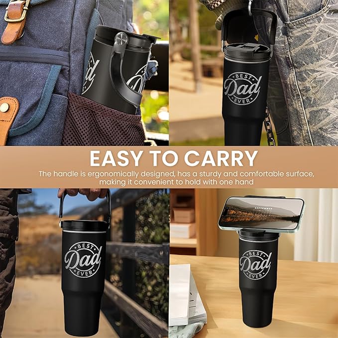 Best Dad Ever Tumbler 30oz, Stainless Steel Insulated Tumblers Travel Cup with Carry Handle & Flip Straw Lid, Gifts for Dad from Daughter Son, Dads Gift for Birthday Christmas Fathers Day