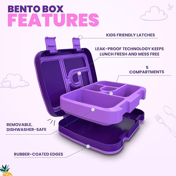 YOLAY Bento Box for Kids Lunch Box Leak-Proof, 5-Compartment Lunch Box Kids for Ages 3-10, Durable with Anti-Slip Base, Suitable for Schools, Outdoor and Travel (Mermaid) (Princess)