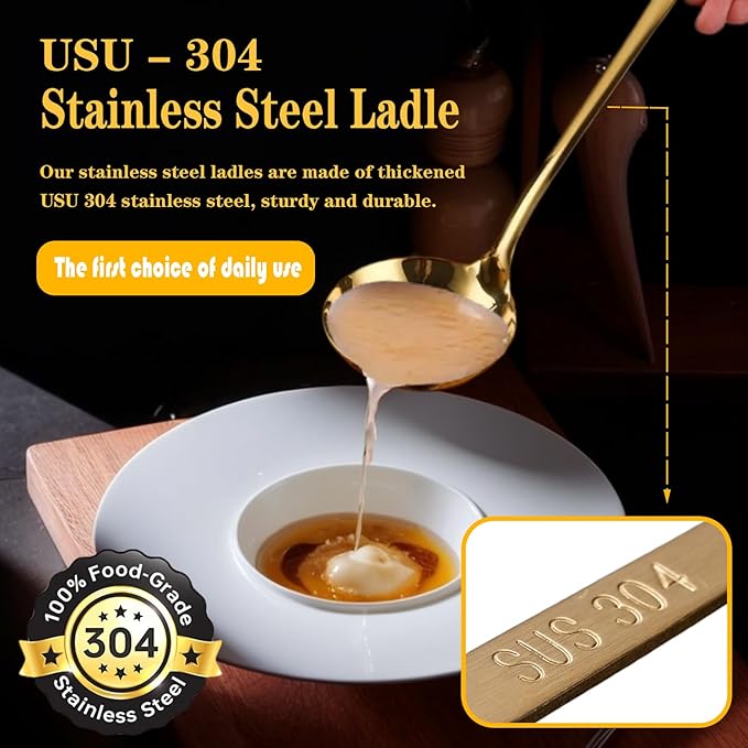 Soup Ladle, 2Pcs Stainless Steel Ladle spoon, 12.2Inch Metal Long Handle Serving Spoon for Cooking Buffet, Party, Kitchen, Gold