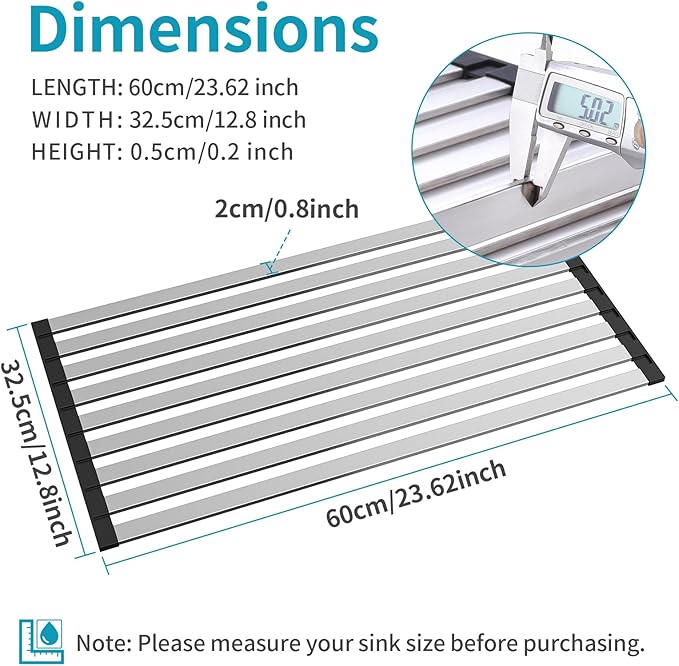 23.6" x 12.8" Roll-Up Dish Drying Rack Over Sink - Kitchen Sink Cover and Organizer Gadget with Foldable Stainless Steel Drainer and Sink Mat, Silver Dish Rack - Large