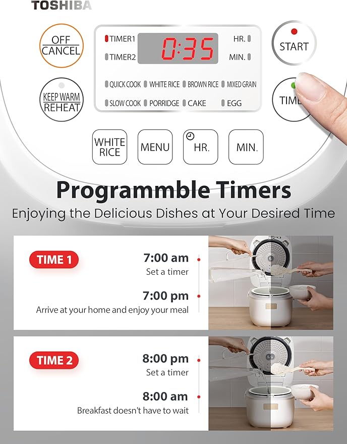 Toshiba Mini Rice Cooker, 3 Cups Uncooked Small Rice Cooker, Steamer & Warmer, With Fuzzy Logic And One-Touch Cooking, 24 Hour Delay Timer And Auto Keep Warm Feature, White