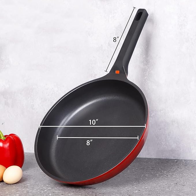 DIIG Nonstick Frying Pan Skillet with Silicone Lid, 10 Inch Saute Pan Omelet Sauce Red Cookware, Oven Safe Chef Pans for Cooking with Detachable Handle, Induction Gas All Stoves Compatible