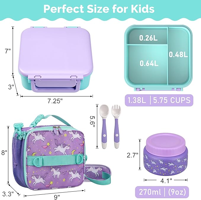 Kids Lunch Box Set with Bento Box, 9oz Stainless Steel Thermos & Insulated Lunch Bag – Hot & Cold Leakproof Lunch Container with Utensils for School & Travel
