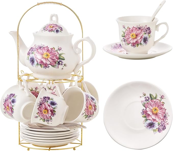 20-Pieces Tea Set For Adult with Golden Metal Rack,Porcelain Tea Sets For Women,Tea Gift Sets for Home&Party(K018)