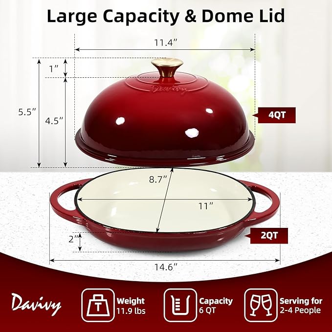 Davivy 6QT Oval Bread Dutch Oven with Silicone Baking Mat, Enameled Cast Iron Dutch Oven for Sourdough Bread Pan 6QT, Cast Iron Bread Cloche Sourdough Pan with Domed Lid - Ruby Red
