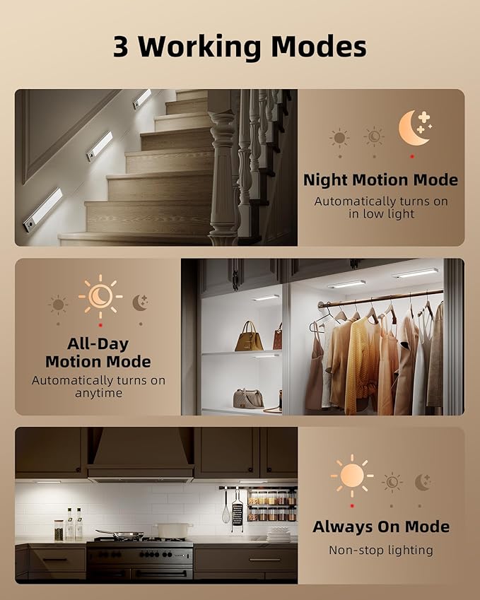 EZVALO 3 Pack Under Cabinet Lighting, 2400mAh Rechargeable Motion Sensor Light, 10inch Magnetic Closet Lights with Dimmable & 3 Color Temps, Wireless Motion Activated Lights with Remote for Kitchen