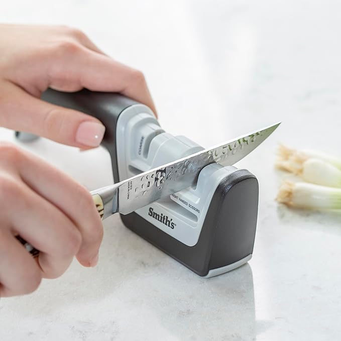 KitchenIQ 50217 Diamond Pull-Thru Knife & Scissor Sharpener – Black/White – Pull-Thru Knife Sharpener – Left & Right-Handed Scissor Sharpener – Coarse & Fine– Straight & Serrated Blades