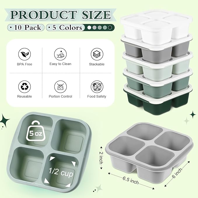 Honeydak 10 Pack Snack Container 4 Compartment Reusable Bento Snack Boxes Divided Lunchable Containers with Lids Meal Prep Lunch Food Storage Boxes for School Work Travel(Sage Color)