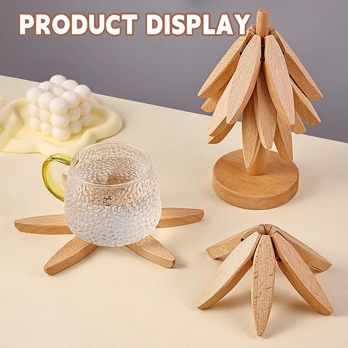 Wooden Trivets for Hot Dishes, Tree Shape Trivet Set, 4 Walnut Wood + 1 Stand stored Like a Christmas Tree,Foldable Kitchen Wooden Trivet,for Hot Dishes、Pot、Bowl、Teapot、Hot Pot Holder(Beech Wood)