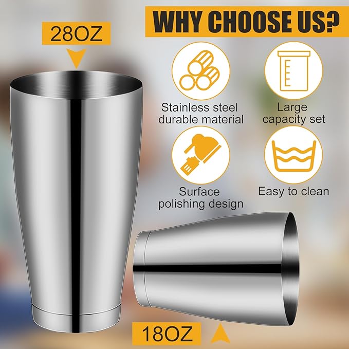 Zhehao 24 Pcs Silver Cocktail Shaker Professional Bar Boston Shaker Set Stainless Steel Martini Shake Drink Mixer Basic Tool Weighted Shake Metal Can Bartending Tins for Beginner, 18oz, 28oz