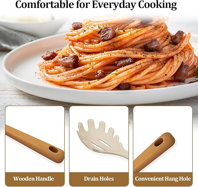 Silicone Pasta Spoon with Teeth Silicone Pasta Fork Wooden Handle Pasta Server & Spaghetti Scoop for Home Chefs, Pasta Enthusiasts
