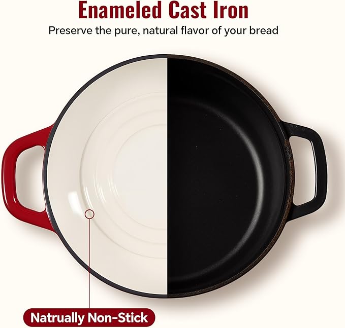 4.5 QT Dutch Oven for Bread Baking, Cast Iron Bread Oven for Sourdough, Enamelled Bread Dutch Oven with Lid, Heavy-Duty Non Stick Bread Pot, Red
