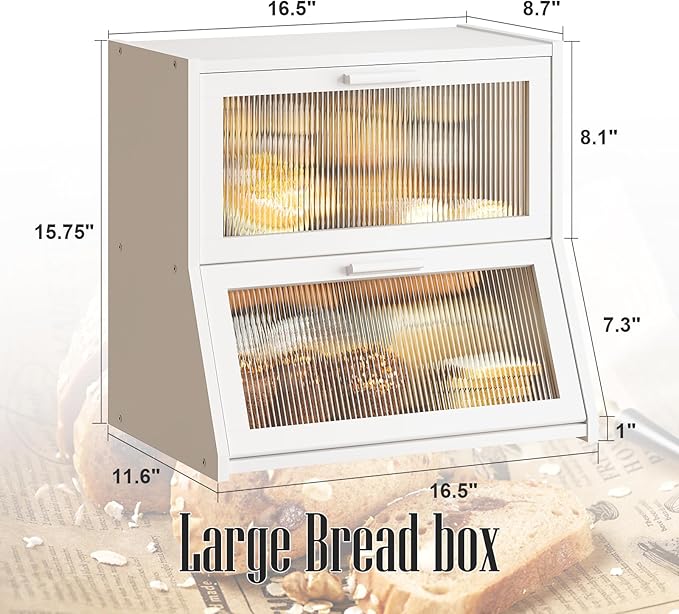 GHWIE Double Layer Bamboo Bread Box for Kitchen Counter,Large Capacity Bread Storage Bin,Bread Container with Acrylic Wavy Door Panel (White, Extra Large)